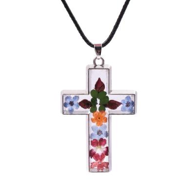 China New Fashionable Christian Jewelry Silver Cross Pendant Wax Rope Pressed Flower Dry Necklace for sale