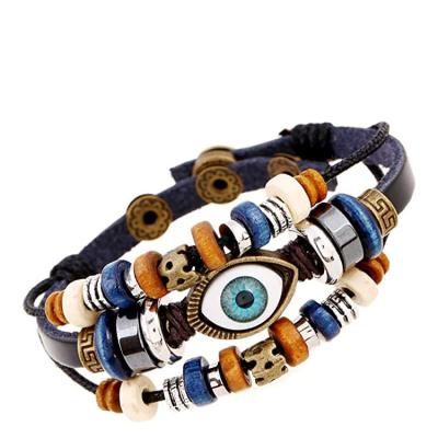 China Fashion Vintage Bangle Evil Eye Bracelet Multilayer Leather Handmade Beaded Blue Cavity Cut Out Bracelet for sale