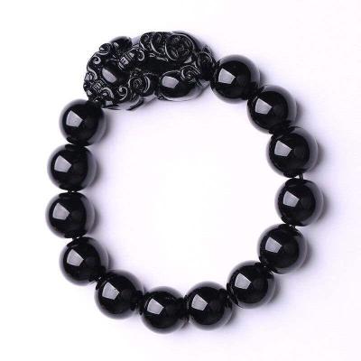 China Wholesale Jewelry 12mm Crystal Black Obsidian Bracelet Pixiu Feng Shui Factory TREND for sale