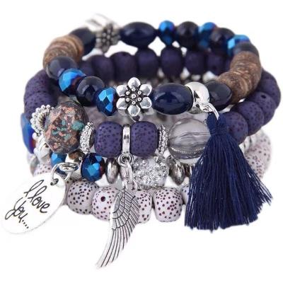 China Wholesale FASHIONABLE 4Pcs Set Natural Lava Rock Healing Crystal Beaded Stone Tassel Evil Eye Hamsa Bracelet For Women Men for sale