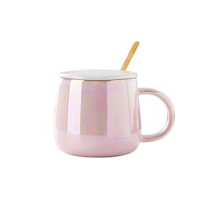 China Viable Amazon Pearl Cup Couples Ceramic Cup Luster Colorful Cup Viable Mug With Cover And Spoon Creative Ceramic Mug for sale