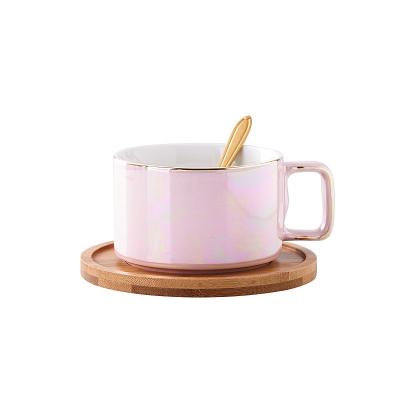 China Elegant and Beautiful High Quality Viable Ceramic Coffee Mug Cup With Bamboo Mat Tray Coffee Soup Plate for sale