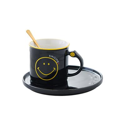 China Viable Good Quality Cartoon Mug Stylish Simplicity Cute Smiling Ceramic Coffee Cup And Saucer Set for sale