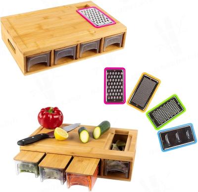 China Large Kitchen Stocked Multifunctional Bamboo Chopping Board with Drawers and Graters for Vegetable Shredders and Food Storage for sale