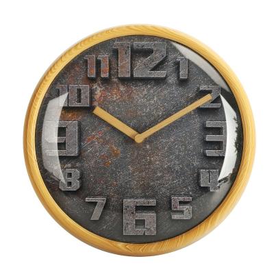 China Large 12 inch large clocks of the best-selling contemporary grain round plastic frame wooden brush wall clock for sale