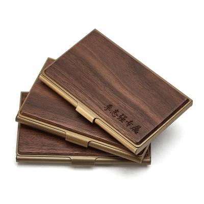 China 2022 Newest Vintage Wooden Business Card Holder Rfid Credit Pocket Eco-Friendly Natural Magnetic Aluminum Metal Wallet Case for sale