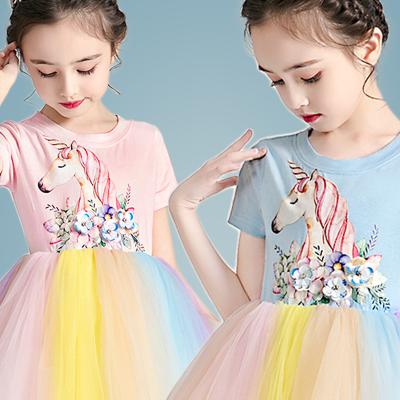 China Hot-selling Washable Unicorn Short Sleeves Blue Kids Dress Up Kids Tutu Skirts for sale