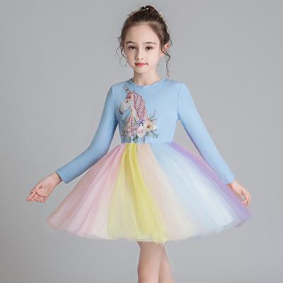 China Fashion Girls Long Sleeves Washable Hot-selling Blue Unicorn Kids Dress Children Tutu Skirts for sale