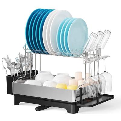 China Sustainable Multifunctional Kitchen Drying Rack 2 Tier Dish Drainer With Swivel Spout For Kitchen Countertop for sale