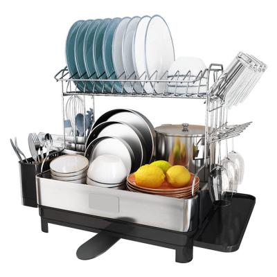 China 2 Tier Sustainable Dish Drainer With Swivel Spout For Kitchen Countertop 304 Stainless Steel Dish Drying Rack for sale