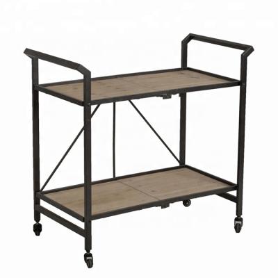 China Mayco Modern Vintage Metal Folding Tiered Rolling 2 Tier Wooden Bar Cart for sale