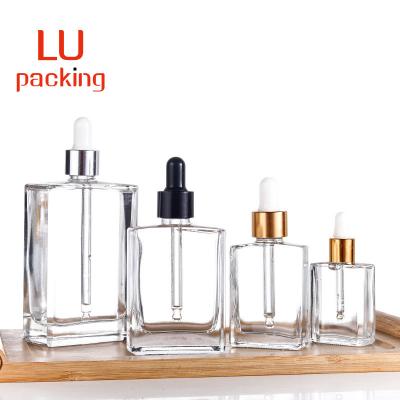 China Personal Care 15ml 30ml 50ml 100ml Clear Suqure Empty Luxury Rectangle Glass Dropper Bottle For Perfume for sale