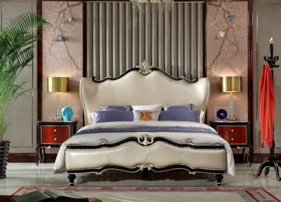 China Luxury home furniture Leather Bedroom furniture set of King bed in Leather upholstered by high glossy painting furniture for sale