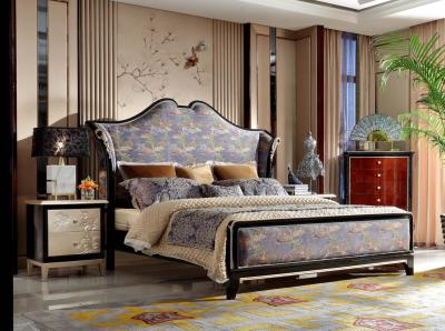 China Neoclassic design of Luxury Bedroom sets High end Bed Headboard in Glossy black wood with Golden painting Nightstands for sale