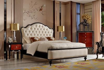 China Luxury furniture sets French Neoclassical Black Bright Solid Wood Furniture Leather Soft Packed Double Bed for sale