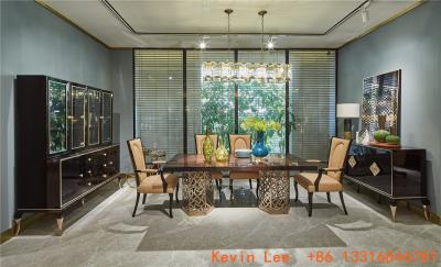 China Luxury Ebony wood dining table with Golden stainless steel legs and Leather chairs Wine cabinets for Villa house buffet for sale