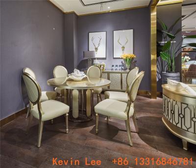 China Luxury dining room furniture circle table on golden leaf painting with Stainless steel legs used by Beech wood chairs for sale