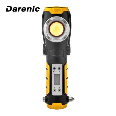 China 195/65R15 0-35PSI Darenic multi-function handheld rechargeable air compressor for tire with led flood light and warning light emergency hammer for sale