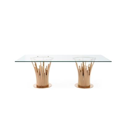 China Wholesale Chinese Modern Glass Top Coffee Table Tea Table With Gold Stainless Steel Tree Stump Leg for sale