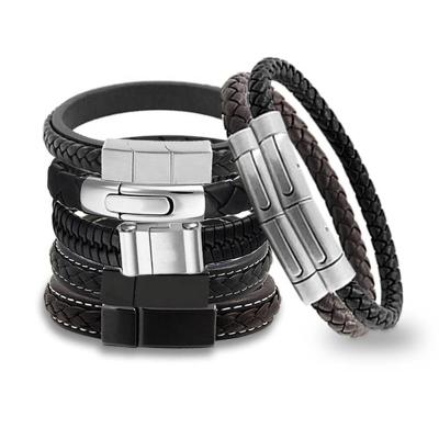 China CLASSIC Premium Braided Leather Stainless Steel Bracelet Magnetic Clasp Engraving Custom Genuine Mens Leather Bracelets Adjustable for sale