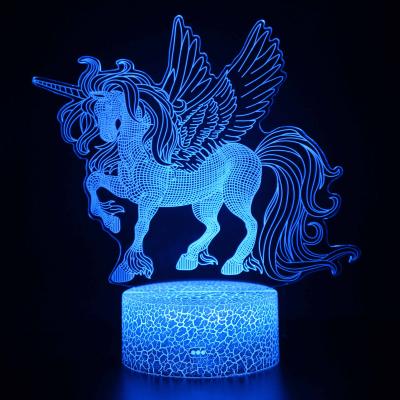 China Modern Optical 3D Illusion Unicorn Night Light 16 Color with USB Remote or 3 x AA Baby Night Light Battery Operated Lamp Te koop