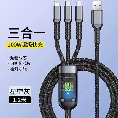 China 3in1/Mini/Direct charging/NEW Cyberpunk portable 100W with light version glowing universal 3 in 1 multiple cable 3in1USB fast charging iphone huawe mobile for sale