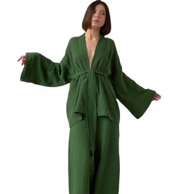 China 100% Cotton QUICK DRY HOME QUICK DRY Crepe Pajamas Long Robe Kimono Robe Ladies Kimono Long Sleeve Pants Ladies Kimono Sleepwear Suit For Women Set for sale