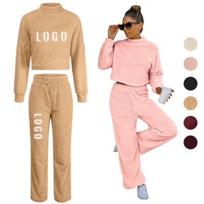 China Custom Thermal Logo Design Long Sleeve Turtleneck Top Pants Fuzzy Cozy Fleece Lounge Wear Winter Autumn Two Piece Set Pajamas For Women for sale