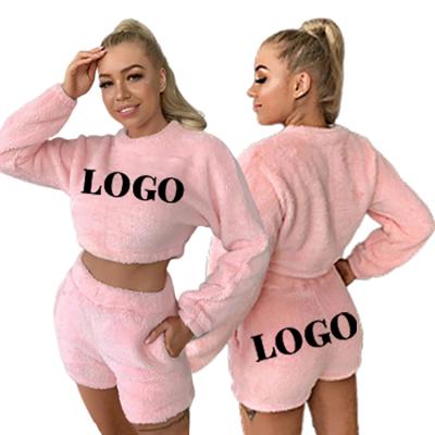 China QUICK DRY Solid Color Comfortable Warm Fluffy Crop QUICK DRY Shorts Superior Lounge Wear Set Cute Fleece Women's Loungewear Outfit Two Piece Pajamas for sale