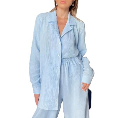 China Custom Made Breathable Solid Color Cotton Long Pants Full Sheath Loose Designer Two Piece Sleepwear Sets Women Pajamas for sale