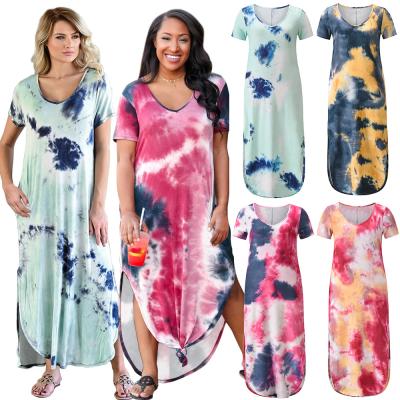 China New Arrivals QUICK DRY Short Sleeve Nightgowns Loose Tie Dye Printed Sleepwear Maxi Dress Lounge Dress Loungewear Sleep Shirt for sale