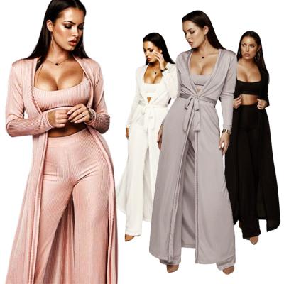 China Breathable Spring Autumn Solid Long Sleeve Knitted Breathable Matching Top Cardigan And Long Pants Ribbed 3 Piece Set Plus Size Women Outfit for sale