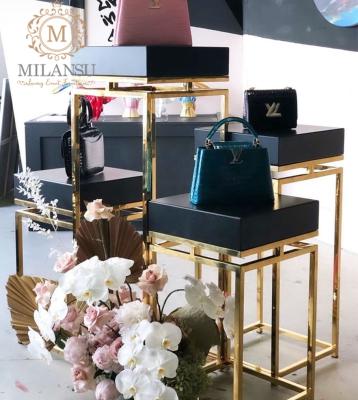 China Wedding modern/luxury decoration display stand gold luxury metal flower pedestals floral table set with black top for sale