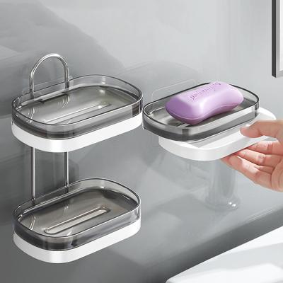 China Modern Plastic Bathroom Soap Dish Double-Layer Unperforated Soap Holder Soap Tray Creative Wall Mounted Adhesive Drain Rack Sucker for sale