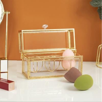 China Luxury Gold Acrylic Makeup Organizer Makeup Powder Puff Lipstick Beauty Cosmetic Egg Box Stand Up Vanity Make Up Storage Organizer for sale