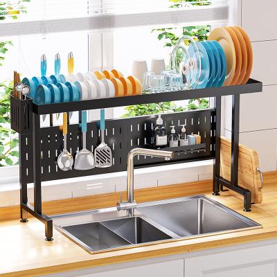 China Workable Black Telescopic Stainless Steel Drain Dish Rack Kitchen Utensils Knife Storage Rack Countertop Sink Rack for sale