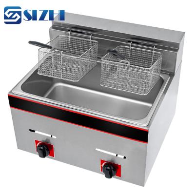 China Fast Temperature Rising Commercial 1 Tank 2 Basket 12L Tabletop Stainless Steel Crisps Deep Fryers Gas for sale