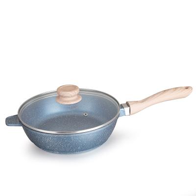 China CLASSIC Blue Non Stick Marble Cookware Wood Touch Frying Pan Die Casting Deep Fryer Pan for sale