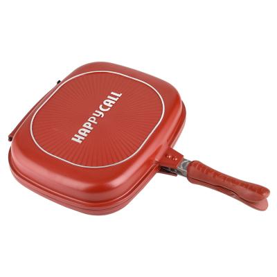 China Red Aluminum Non-Stick Induction Cooker Die Casting Pans Sets BBQ Pan Camping Stove Oil Free Double Pan Grill With Non Stick Coating for sale