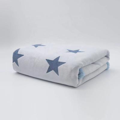 China Warm Light Blue Flannel Star Brand Jacquard Print Style Soft Sherpa Throw Fleece Blanket for sale