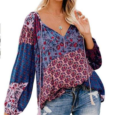 China Wholesale Breathable Breathable Flower Prints Loose Drawstring Dots Slim Cheap V-Neckline Full-Sleeved Shirts For Female Blusas Oversized Volume 6 Colors for sale