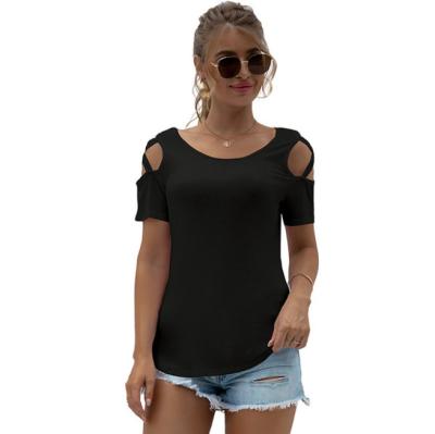 China European New And American Style Anti-wrinkle Anti-wrinkle Round Neck Women's Short Sleeves And Off The Shoulder Pure Color T-shirt for sale