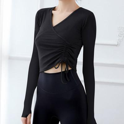 China Breathable Drawstring Crop Fitness Women Workout Apparel Winter Sweatshirt Upper Bottom Cut Yoga Long Sleeve for sale