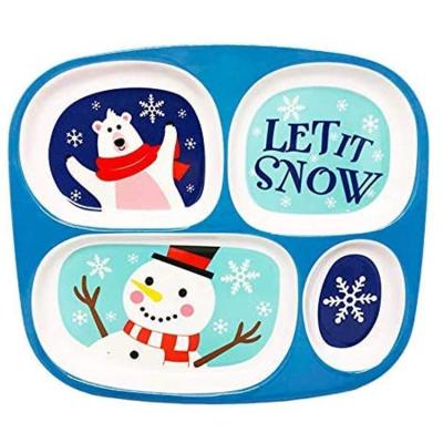 China Break Resistant Free Cutting Plate 4 Sections Snowman Printing BPA Melamine Plate 4 Sections Divider Plates For Kids for sale