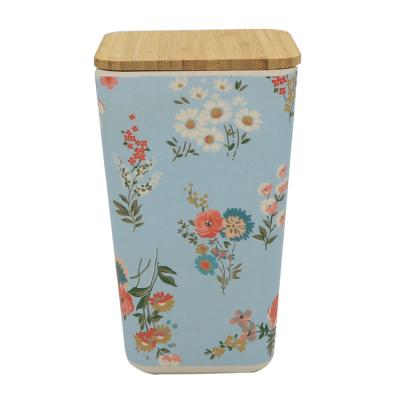 China Floral Square Melamine Fiber Water Stored Bamboo Drinkware Custom Printed With Wooden Lid for sale