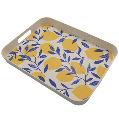 China Smooth Texture Summer Lemon Printed Yellow Custom Bamboo Food Serving Trays for sale