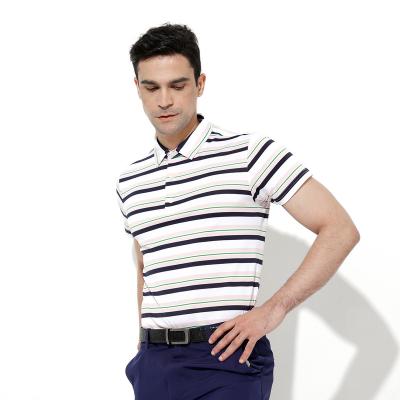 China Anti-wrinkle Dryfit Polyester Elastane Yarn Dyed Pique Fabric Men's Polo Collar Striped Polo T-Shirt for sale