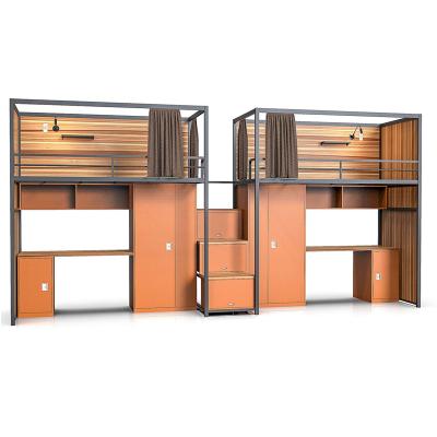 China Modern hostel dormitory bed hotel and loft bunk bed with table and cabinets for school dormitory for sale