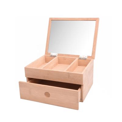 China Minimalist Wooden Makeup Organizer Containers Bamboo Cosmetic Storage Box With Mirror for sale