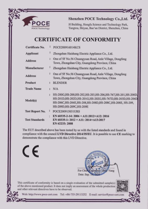 CE - Zhongshan City Haishang Electric Appliance Co., Ltd.